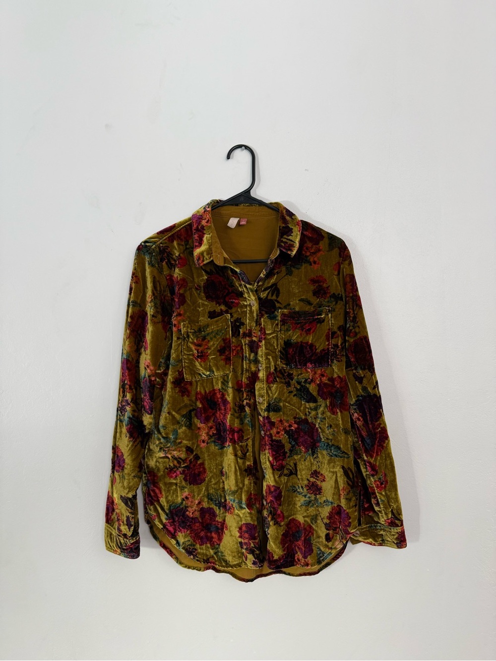 Pilcro Olive Green Velvet Floral Button-Down Shirt with Burgundy Flowers